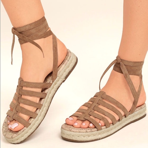 Tan Ankle Lace Up Wraparound Espadrille Sandals - Picture 2 of 4